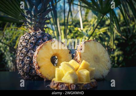 pineapple (Ananas comosus, Ananas sativus), whole fruit, pineapple slices and pineapple chunks on a table, fresh fruits Stock Photo