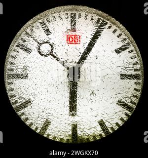 shattered glass on a station clock at night, Germany, North Rhine-Westphalia, Ruhr Area, Witten Stock Photo