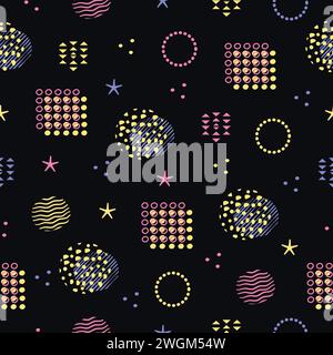 Trendy memphis design seamless pattern, dark background with bright geometric shapes and primitive figures Stock Vector