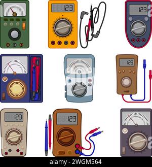 Multimeter icons set cartoon vector. Digital voltmeter. Electric test meter Stock Vector