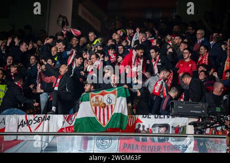 Madrid, Madrid, Spain. 5th Feb, 2024. Sevilla fans seen celebrating a goal during the La Liga EA Sports 2023/24 football match between Rayo Vallecano vs Sevilla at Estadio Vallecas in Madrid, Spain. (Credit Image: © Alberto Gardin/ZUMA Press Wire) EDITORIAL USAGE ONLY! Not for Commercial USAGE! Stock Photo