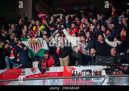 Madrid, Madrid, Spain. 5th Feb, 2024. Sevilla fans seen celebrating a goal during the La Liga EA Sports 2023/24 football match between Rayo Vallecano vs Sevilla at Estadio Vallecas in Madrid, Spain. (Credit Image: © Alberto Gardin/ZUMA Press Wire) EDITORIAL USAGE ONLY! Not for Commercial USAGE! Stock Photo