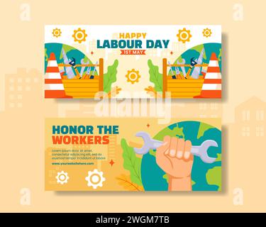 Labour Day Horizontal Banner Flat Cartoon Hand Drawn Templates Background Illustration Stock Vector