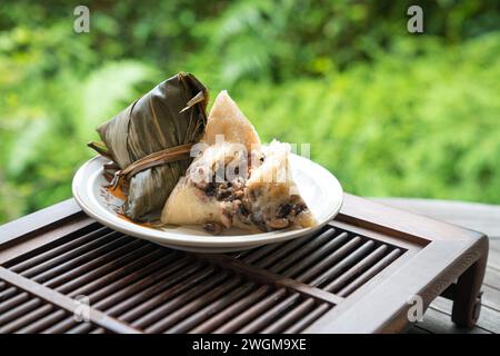 Zongzi. Rice dumpling for Chinese traditional Boat Festival, Duanwu Festival. Copy space. Stock Photo