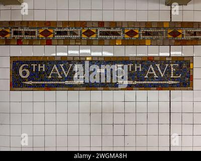 New York - June 8, 2022: Sign noting 6th and 6th Avenues in the Fifth Avenue Station in Manhattan. Stock Photo