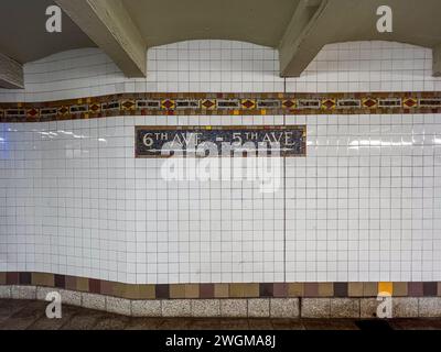 New York - June 8, 2022: Sign noting 6th and 6th Avenues in the Fifth Avenue Station in Manhattan. Stock Photo