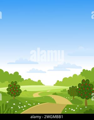 Hello, autumn. Fruit trees with a crop on a farm. Green hills and meadows, blue sky with clouds, apples on the trees. Card with a summer landscape. Fl Stock Vector