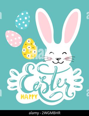 Happy Easter, Modern Easter card, cute bunny, decorated eggs on green background. Flat cartoon minimalistic vector illustration Stock Vector