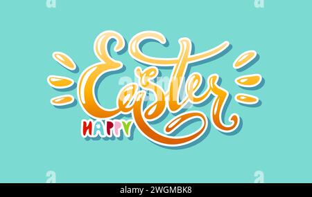 Happy Easter Modern card on green background, hand drawn lettering. Flat cartoon minimalistic vector illustration, holiday banner Stock Vector