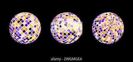 Orange, yellow, purple disco ball set. Collection of wireframe spheres in different angles. Grid globe or checkered ball bundle. Glowing mirrorball element pack for poster, banner, music cover. Vector Stock Vector