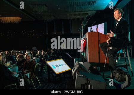 Los Angeles, United States. 19th Jan, 2024. Aaron Lazar, an award-winning actor and singer, receives the Essey Spotlight Award for his commitment to raising ALS awareness around the globe during the ALS Golden West's “Champions for Cures and Care” gala on January 19, 2024 at Hilton Hotel, Los Angeles, California. After receiving the award, Lazar, who was diagnosed with ALS (amyotrophic lateral sclerosis) a couple years ago, performed an excerpt of the song 'The Impossible Dream' from ''Man of La Mancha.'' Photo by Jana Ašenbrennerová/Sipa USA Credit: Sipa USA/Alamy Live News Stock Photo