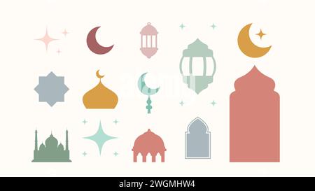 Collection of elements in the oriental style of Ramadan Kareem and Eid Mubarak. Islamic windows, arches, stars and moon, mosque doors, mosque domes an Stock Vector