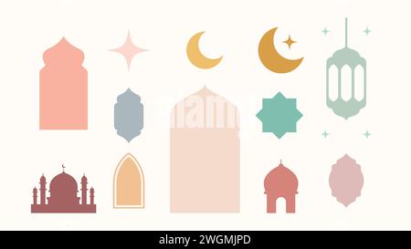 Collection of elements in the oriental style of Ramadan Kareem and Eid Mubarak. Islamic windows, arches, stars and moon, mosque doors, mosque domes an Stock Vector