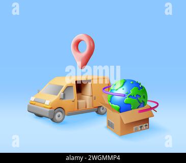 3D Delivery Van and Cardboard Boxes Stock Vector