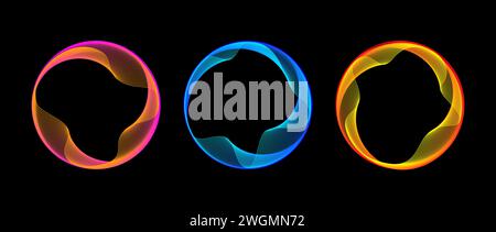 Neon blend circle lines set. Glowing colorful round tech frame collection. Curved wavy line circles on black background. Bright gradient circular border pack. Vector design element bundle Stock Vector