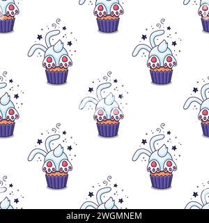 Easter cake - rabbit, hare, bunny in cartoon style. Hand drawn seamless pattern with Easter hare character. Flat design. Doodle style. Illustration isolated on white background. Stock Vector