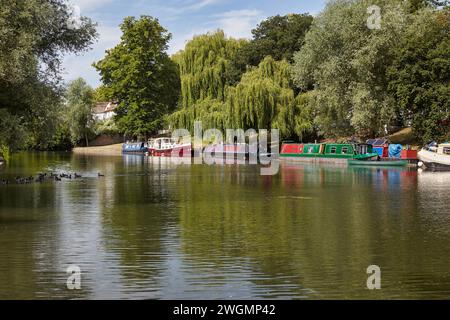 Cambridge, United Kingdom - June 26, 2010: A narrowboats and houseboats on the river Cam which runs through the city center and used for boating. Camb Stock Photo