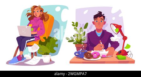 Male and female freelancers working home. Vector cartoon illustration of young woman sitting in armchair, typing on laptop, man in sweater writing on paper, coffee and donuts on desk, remote job Stock Vector