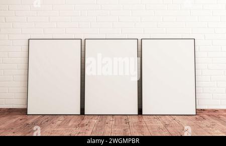 3 frames mockup scene with hardwood floor, interor 3d render. Black thin frame mock up on white brick wall. Stock Photo