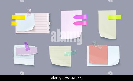 Set of paper notes isolated on background. Vector realistic illustration of blank notepad page pieces attached to board or wall with color sticky tape, reminder message, to-do list, schedule sheet Stock Vector