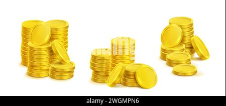 3D piles of golden coins isolated on white background. Vector realistic illustration of casino stack money, interest rate icon, bank deposit, income tax, savings in cash, cryptocurrency tokens Stock Vector