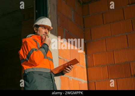 Building contractor and construction engineer making sketches and writing notes on building site, selective focus Stock Photo
