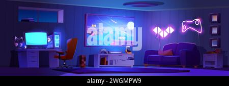 Room interior with setup to play video game and stream at night. Cartoon dark house inside with gamer computer and headphones, big tv on wall and console with gamepad, bright neon sign of joystick. Stock Vector