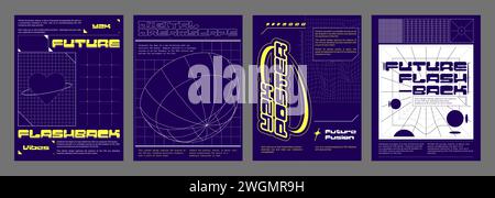 Y2k aesthetic posters set. Vector illustration of retrowave style banners with yellow geometric wireframe shapes, heart, globe, perspective on blue background, retro futuristic vibe flyer templates Stock Vector