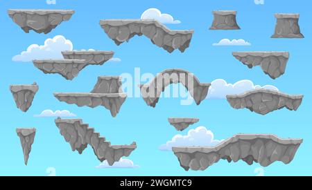 Cartoon rock stone game platforms. Vector set of floating islands in cloudy sky, game level 2d design. Ui nature locations, flying arches and stairs elements for jumping, pc or mobile arcade graphics Stock Vector