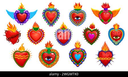 Mexican sacred hearts tattoos and symbols with fire and eyes. Vector catholic Jesus hearts or Mexico corazons with flaming crowns, wings, flowers and ethnic ornaments. Mexican religious tattoos set Stock Vector