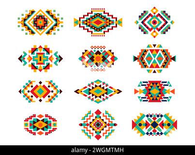 Mexican tribal folk motif patterns. Ethnic ornament vector set, feature vibrant ornamentation, bold colors, and symbolic elements that reflect the rich cultural heritage of indigenous communities Stock Vector