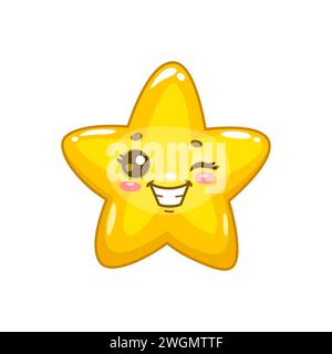 Star, happy cartoon funny character with kawaii face, vector cute smile icon. Star twinkle personage or emoji and kid mascot or emoticon with winking eye, twinkling smiling star happy character Stock Vector