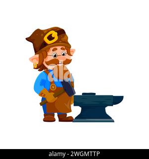 Cartoon gnome or dwarf blacksmith character. Isolated vector quirky personage in a pointed hat and leather apron, skillfully hammers away at an anvil, creating magical and fantastical metalwork Stock Vector