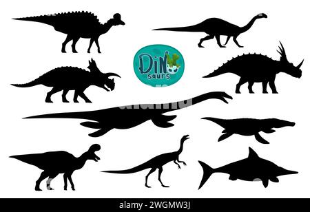 Cartoon dinosaurs cute characters silhouettes. Ichthyosaurus, Elaphrosaurus, Mussaurus extinct reptiles, Corythosaurus, Avaceratops, Elasmosaurus dinosaurs personages isolated vector silhouettes Stock Vector