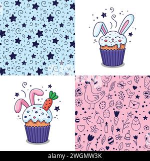 Set of Cute Hand drawn Easter patterns, illustrations with Easter cake, rabbits ears, carrot, rabbit, hare in cartoon style. Easter holiday design texture. Vector illustration. Doodle style. Stock Vector