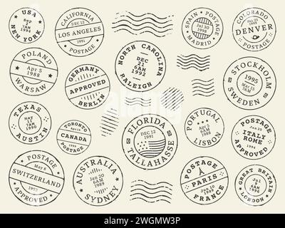 Postage and postal stamps and mail post labels, country vintage letter or postcard vector icons. Retro postage or postmark stamps with date seal from New York, Australia Sydney or Texas and California Stock Vector