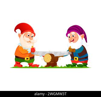 Cartoon gnome or dwarf characters happily saw a log with enthusiastic expressions mirroring their industrious work. Isolated vector playful midget personages with rosy cheeks and pointy hats working Stock Vector