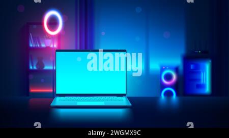 Laptop mockup with blank screen in dark blurred room with neon lights. Vector open laptop front view. Gaming laptop on desk against the background of Stock Vector