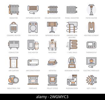 Oil heater, fireplace, convector, panel column radiator and other heating appliances line icons. Home warming thin linear pictogram such as kotatsu Stock Vector