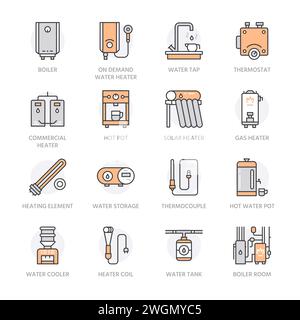Water heater, boiler, thermostat, electric, gas, solar heaters and other house heating equipment line icons. Thin linear pictogram with editable Stock Vector