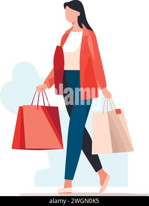 2 Young attractive fashionable womans holding packages with clothes after shopping. Isolated concept girl character with perfect style. Vector illustr Stock Vector