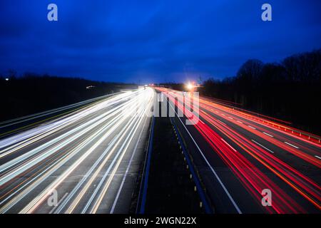 Lehrte, Germany. 06th Feb, 2024. Vehicles drive along the A2 highway in the Hanover region (slow shutter speed image). The European Commission presents a recommendation for the EU climate target for 2040. So far, the EU has set targets to reduce CO2 emissions by 55% by 2030 compared to 1990 and to become climate-neutral by 2050. Credit: Julian Stratenschulte/dpa/Alamy Live News Stock Photo