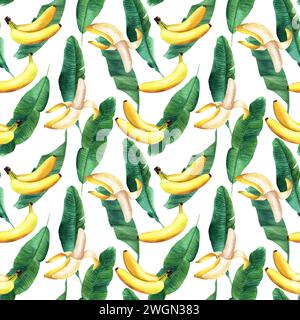 Watercolor seamless pattern with banana tree leaves and fruit banana. Hand drawn illustration. For fabric textile. Stock Photo