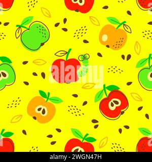 Vector hand drawn seamless pattern in a doodle style. Red apples and caterpillar on yellow background Stock Vector