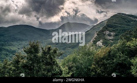 Stormy weather on mountain forest landscape, Modena province, Emilia-Romagna, Italy. Stock Photo