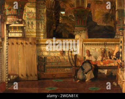 The Egyptian Widow - Interior of an Egyptian temple with a kneeling mourning widow - Priests sing and play the harp near the body of the deceased by Lourens Alma Tadema in 1872 Stock Photo