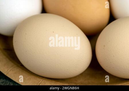 raw chicken egg used in cooking, fresh chicken eggs on the kitchen table Stock Photo