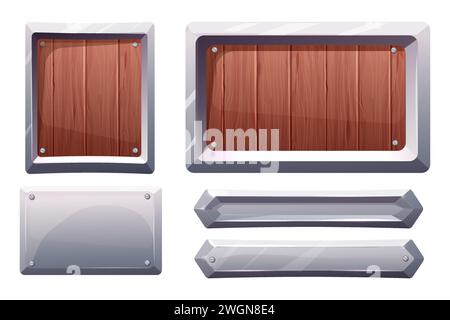 Set Metal steel frames, iron panel, silver border with wood game menu, border in cartoon style silver color isolated on white background. Board template. Vector illustration Stock Vector