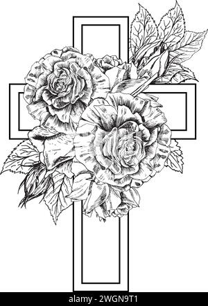 Modern condolences card with sketch of roses flowers. Memories and funeral template design. Hand drawn floral arrangement. For flyers, invitations Stock Vector