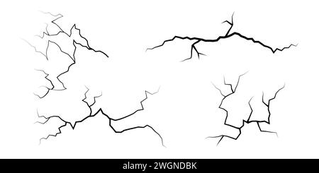 Set of cracks. Collection of different black lightning bolts. Earth crack. Set thunderstorm and lightning. Vector illustration of natural phenomena on Stock Vector